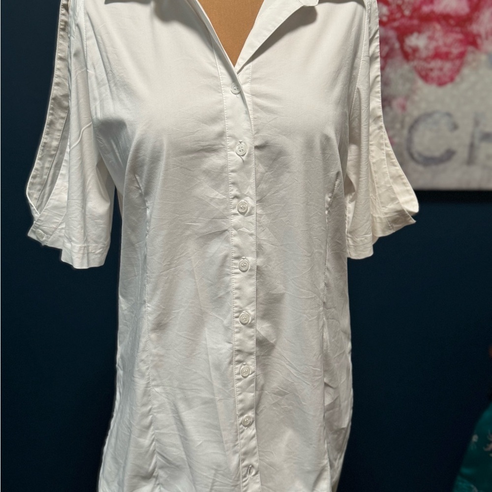 Finley Shoulder-less White Button-Up Women's Tunic Top M